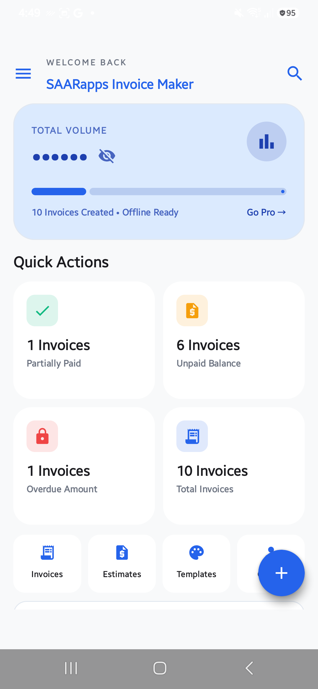 SAARapps Invoice Maker home screen