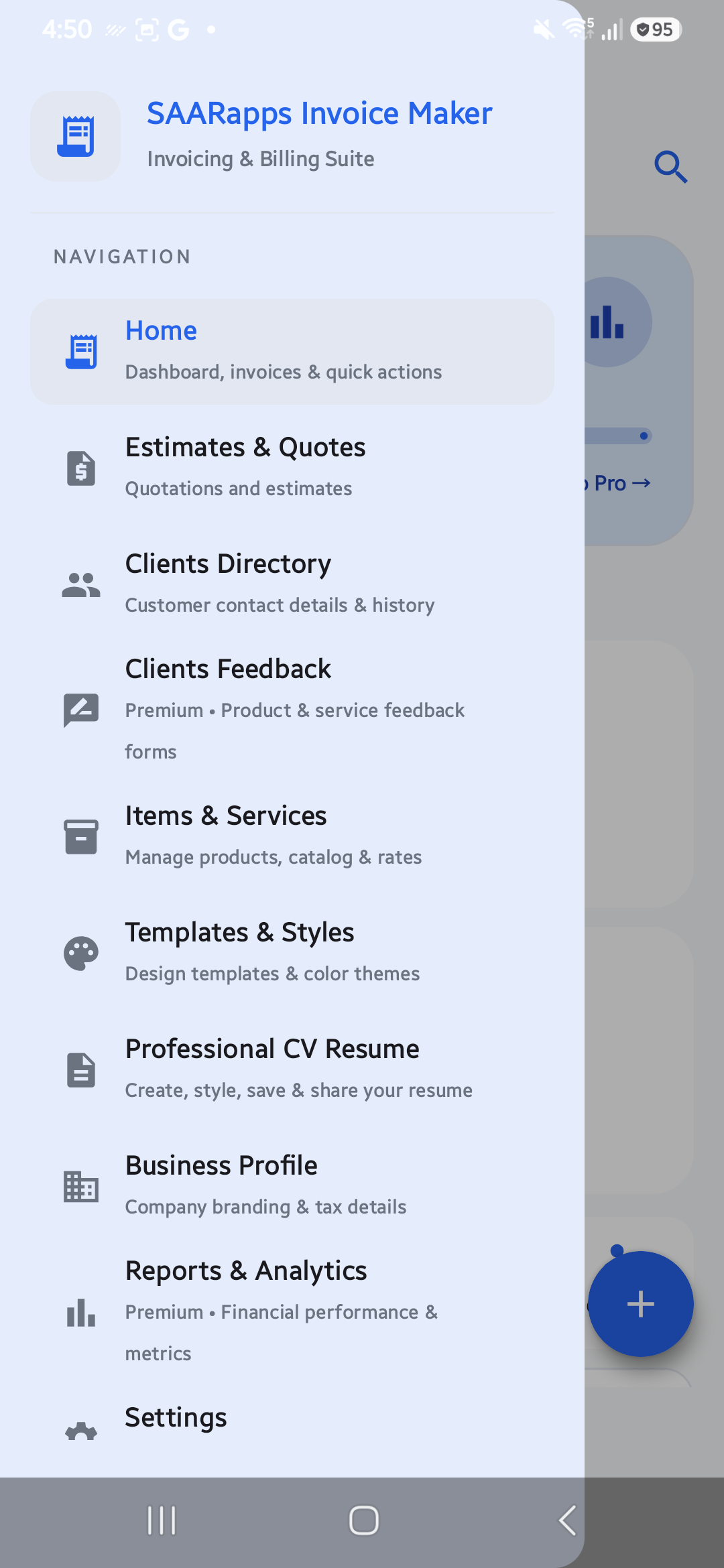 App navigation menu