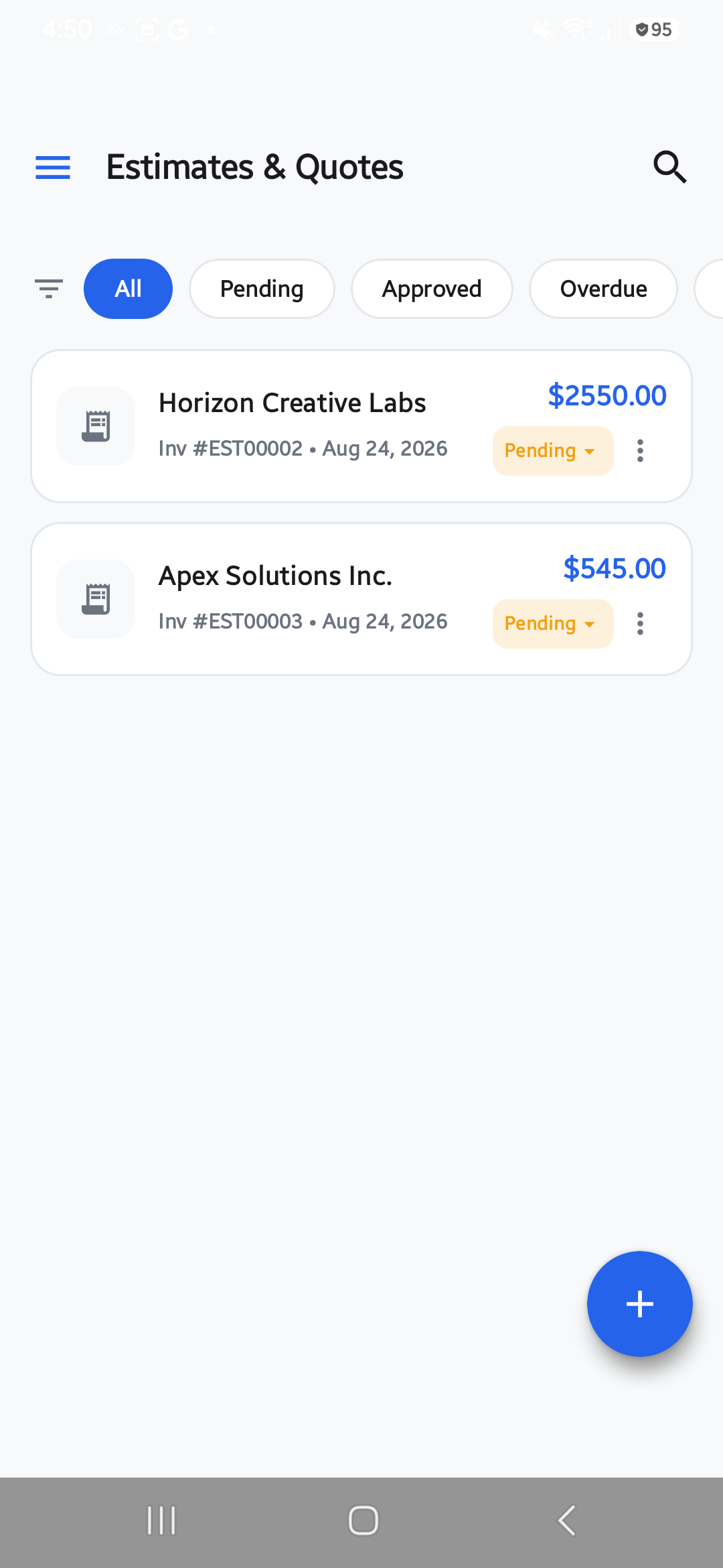 Estimates and quotes screen